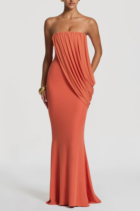 Fleece Strapess Draped Maxi Dress - Orange
