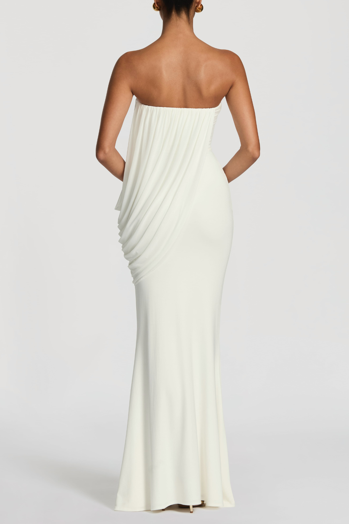 Fleece Strapess Draped Maxi Dress - White