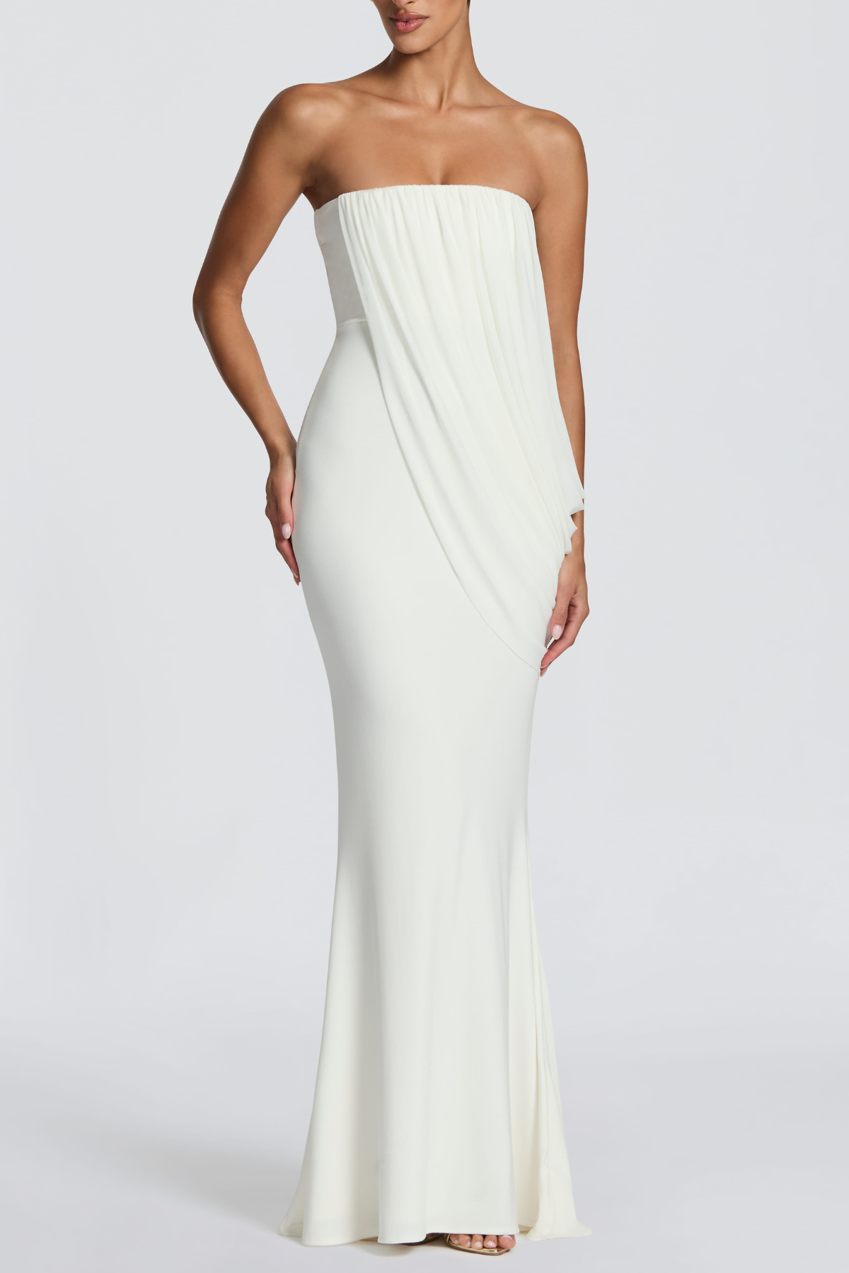 Fleece Strapess Draped Maxi Dress - White