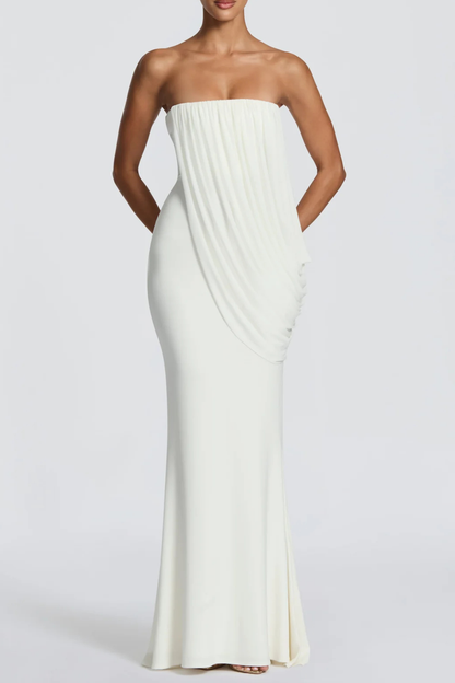 Fleece Strapess Draped Maxi Dress - White
