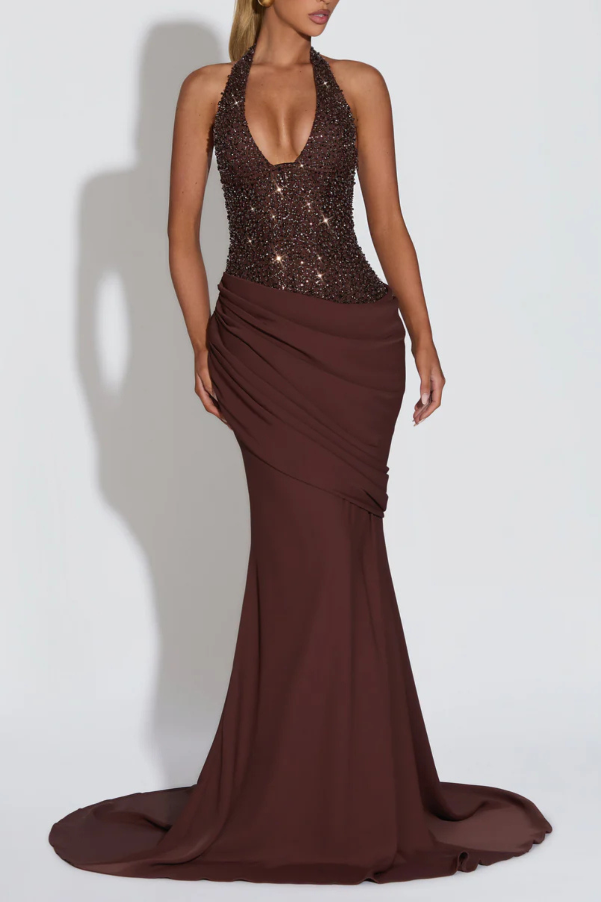 Florrie Halter Sequin Corset Ruched Maxi Dress - Brown