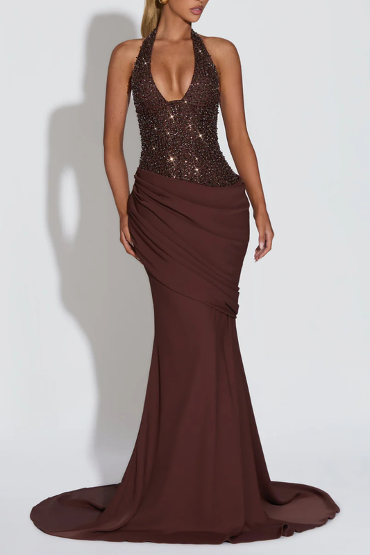Florrie Halter Sequin Corset Ruched Maxi Dress - Brown