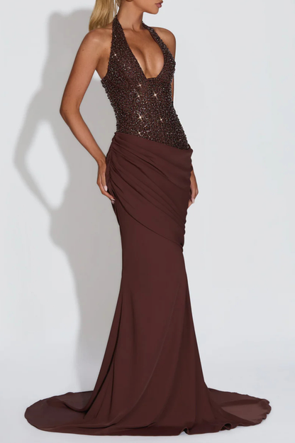 Florrie Halter Sequin Corset Ruched Maxi Dress - Brown