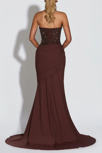 Florrie Halter Sequin Corset Ruched Maxi Dress - Brown