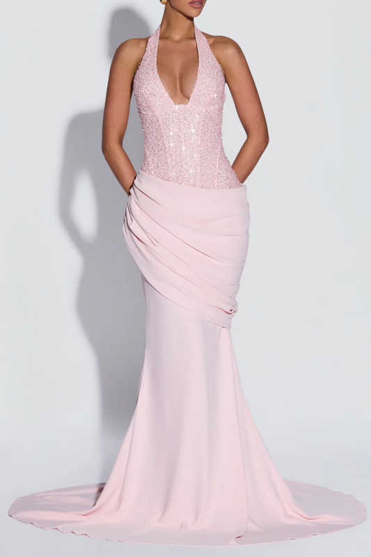 Florrie Halter Sequin Corset Ruched Maxi Dress - Pink