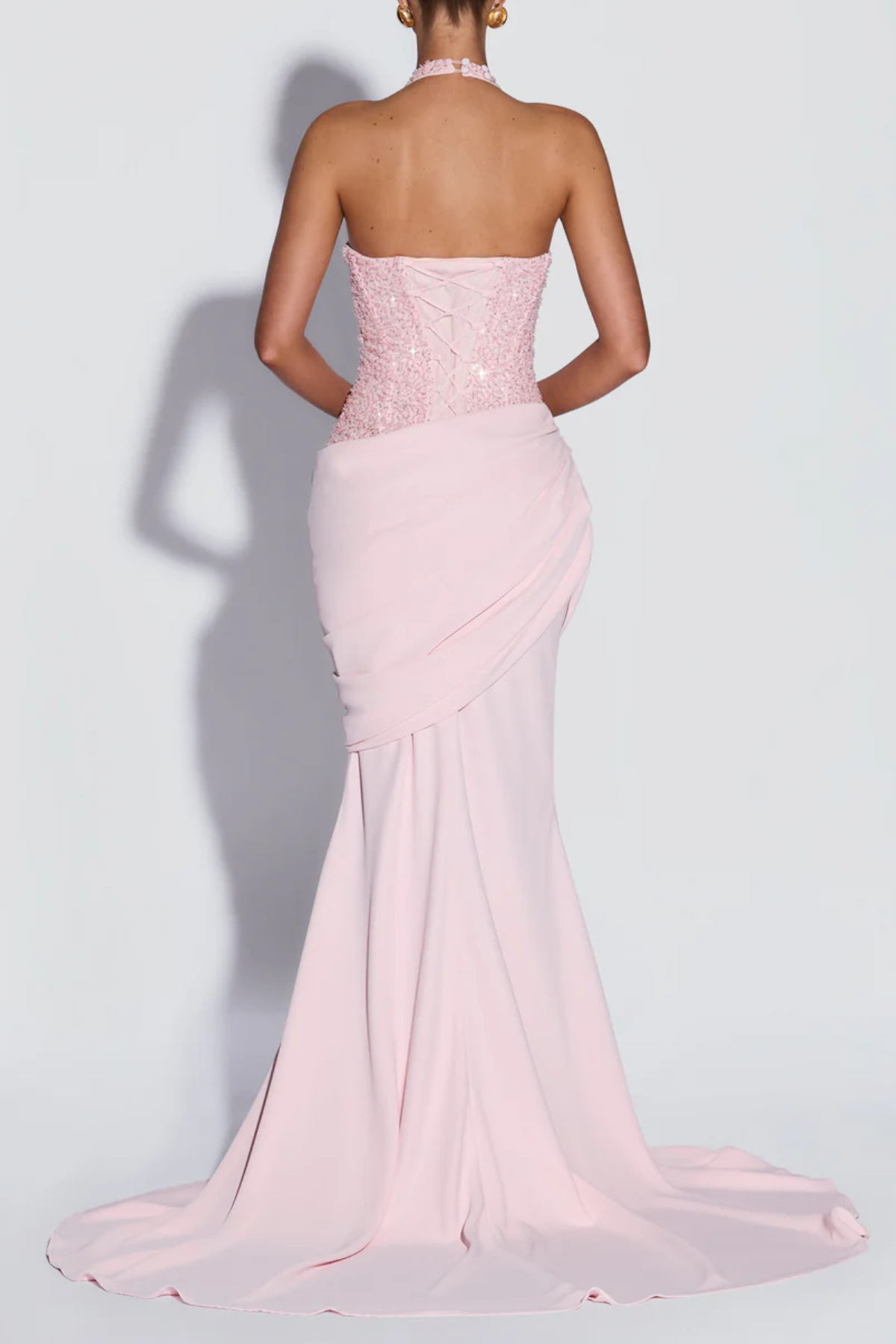 Florrie Halter Sequin Corset Ruched Maxi Dress - Pink