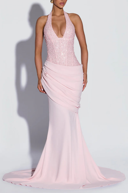 Florrie Halter Sequin Corset Ruched Maxi Dress - Pink