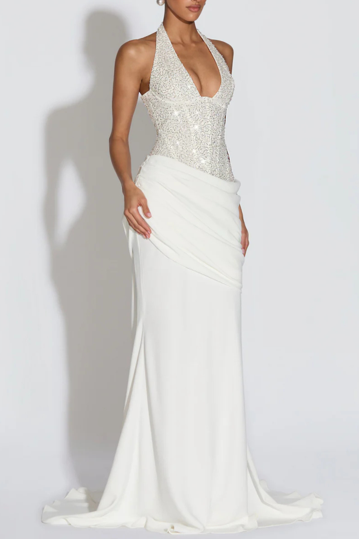 Florrie Halter Sequin Corset Ruched Maxi Dress - White