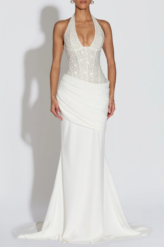 Florrie Halter Sequin Corset Ruched Maxi Dress - White
