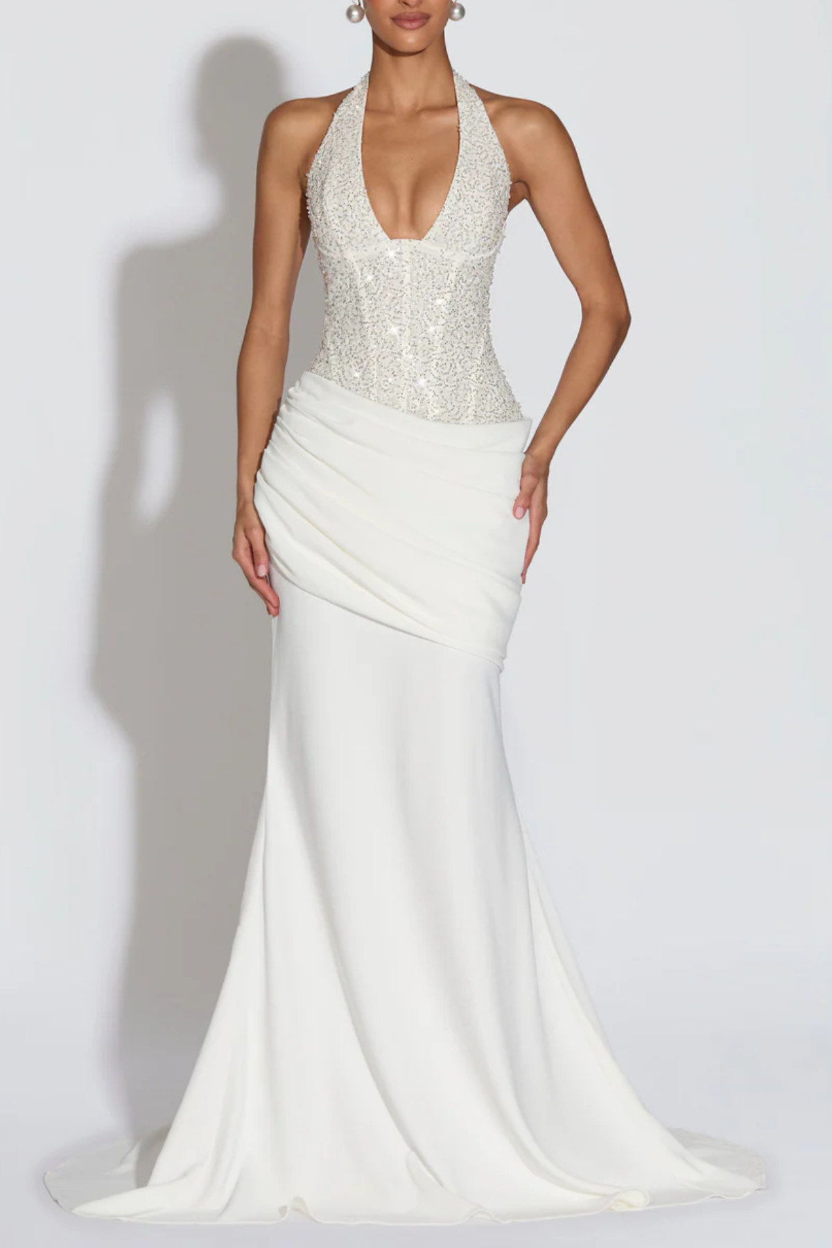 Florrie Halter Sequin Corset Ruched Maxi Dress - White