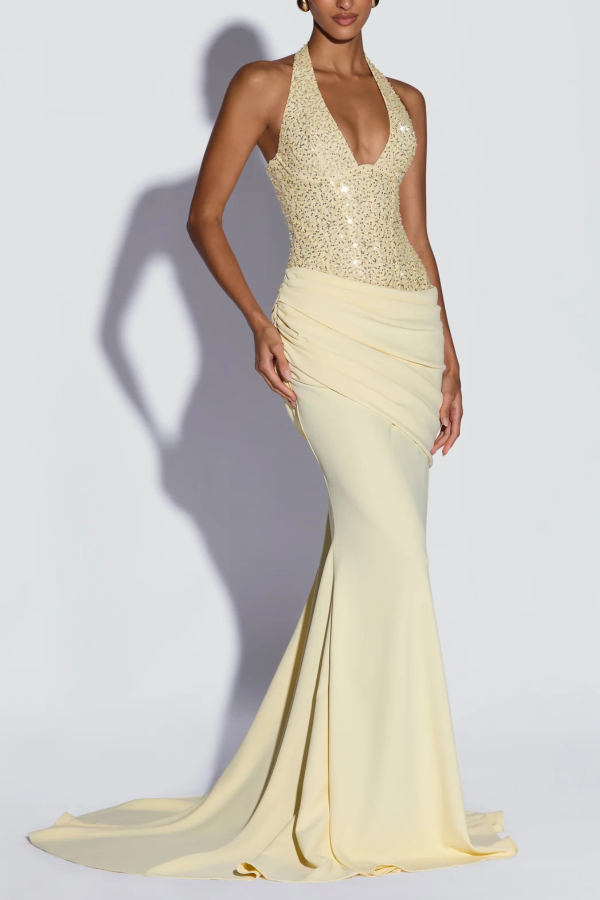 Florrie Halter Sequin Corset Ruched Maxi Dress - Yellow