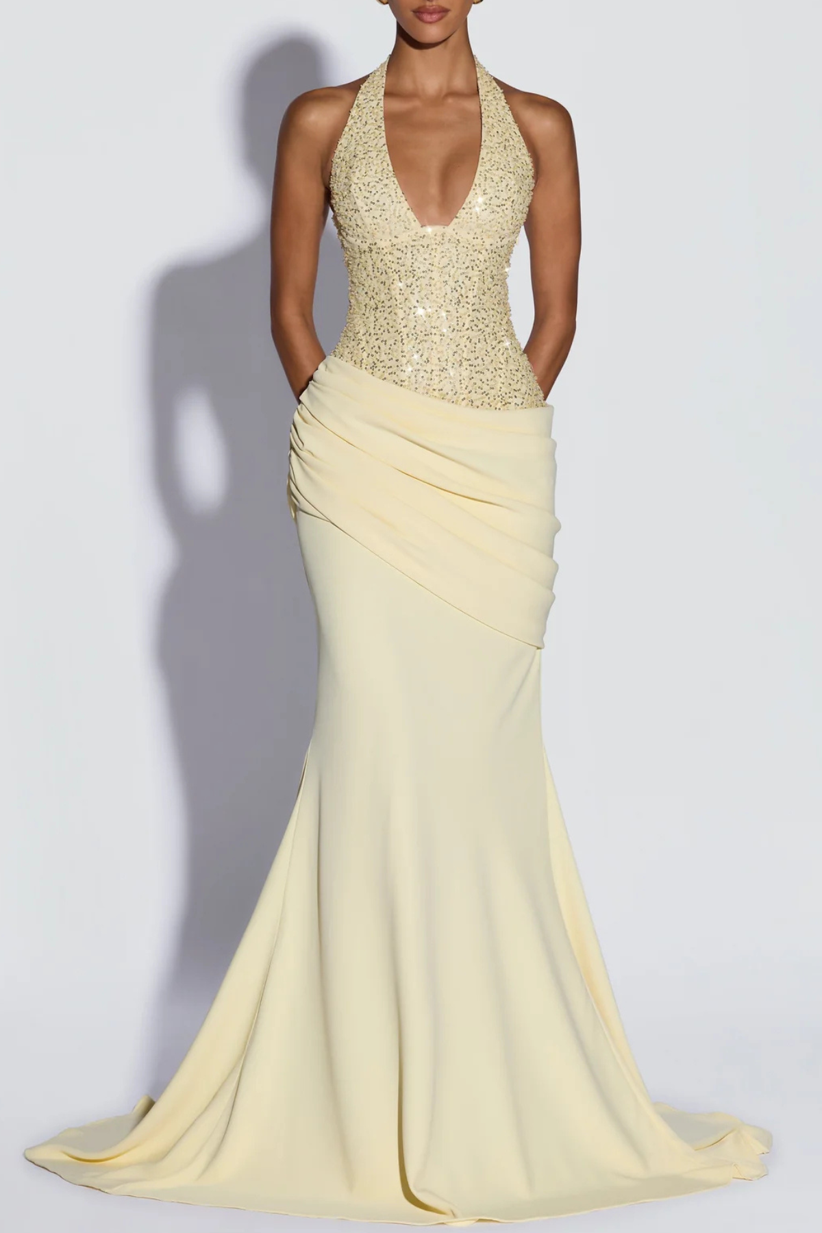 Florrie Halter Sequin Corset Ruched Maxi Dress - Yellow