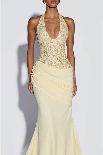 Florrie Halter Sequin Corset Ruched Maxi Dress - Yellow