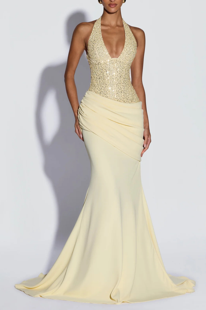 Florrie Halter Sequin Corset Ruched Maxi Dress - Yellow