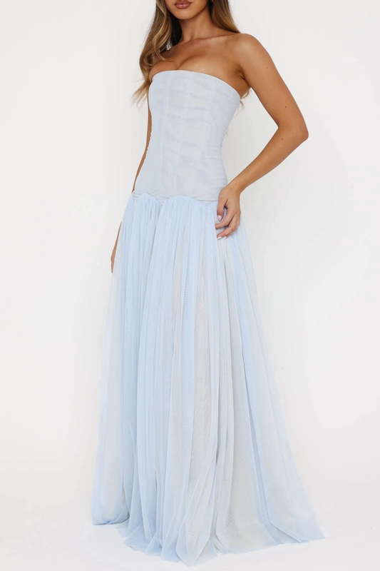 Flynn Strapless Mesh Pleated Maxi Dress - Blue