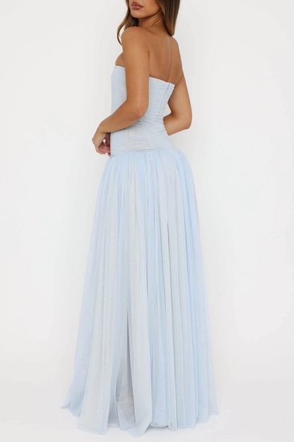 Flynn Strapless Mesh Pleated Maxi Dress - Blue