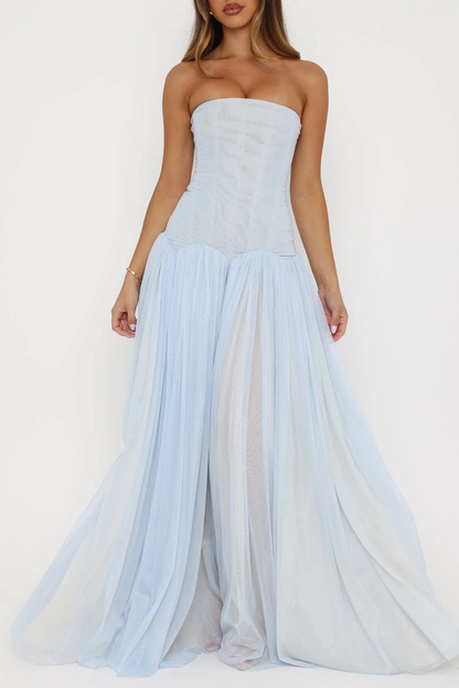 Flynn Strapless Mesh Pleated Maxi Dress - Blue
