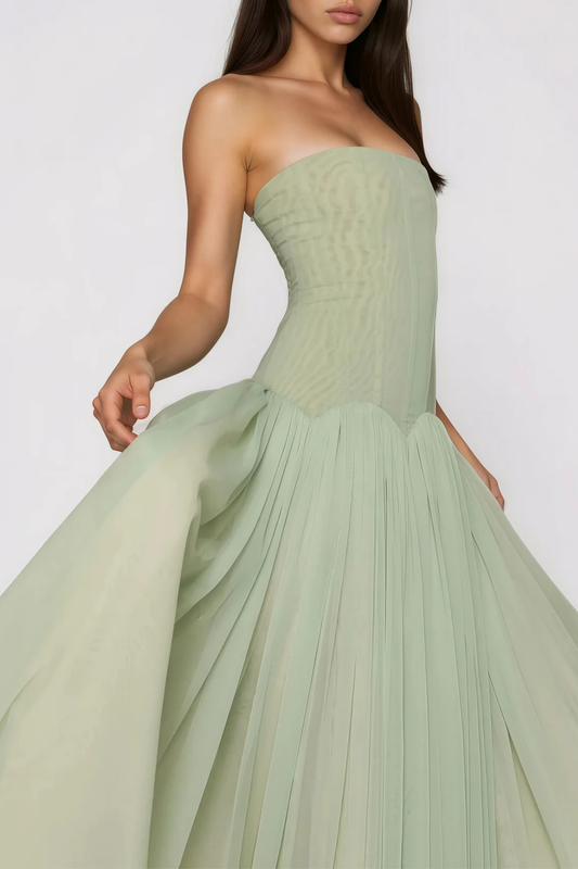 Flynn Strapless Mesh Pleated Maxi Dress - Green