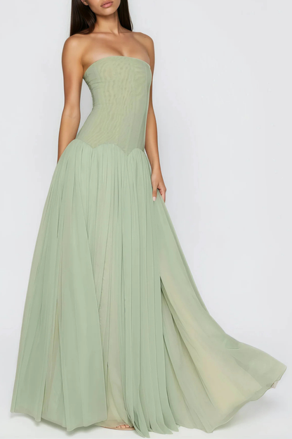 Flynn Strapless Mesh Pleated Maxi Dress - Green