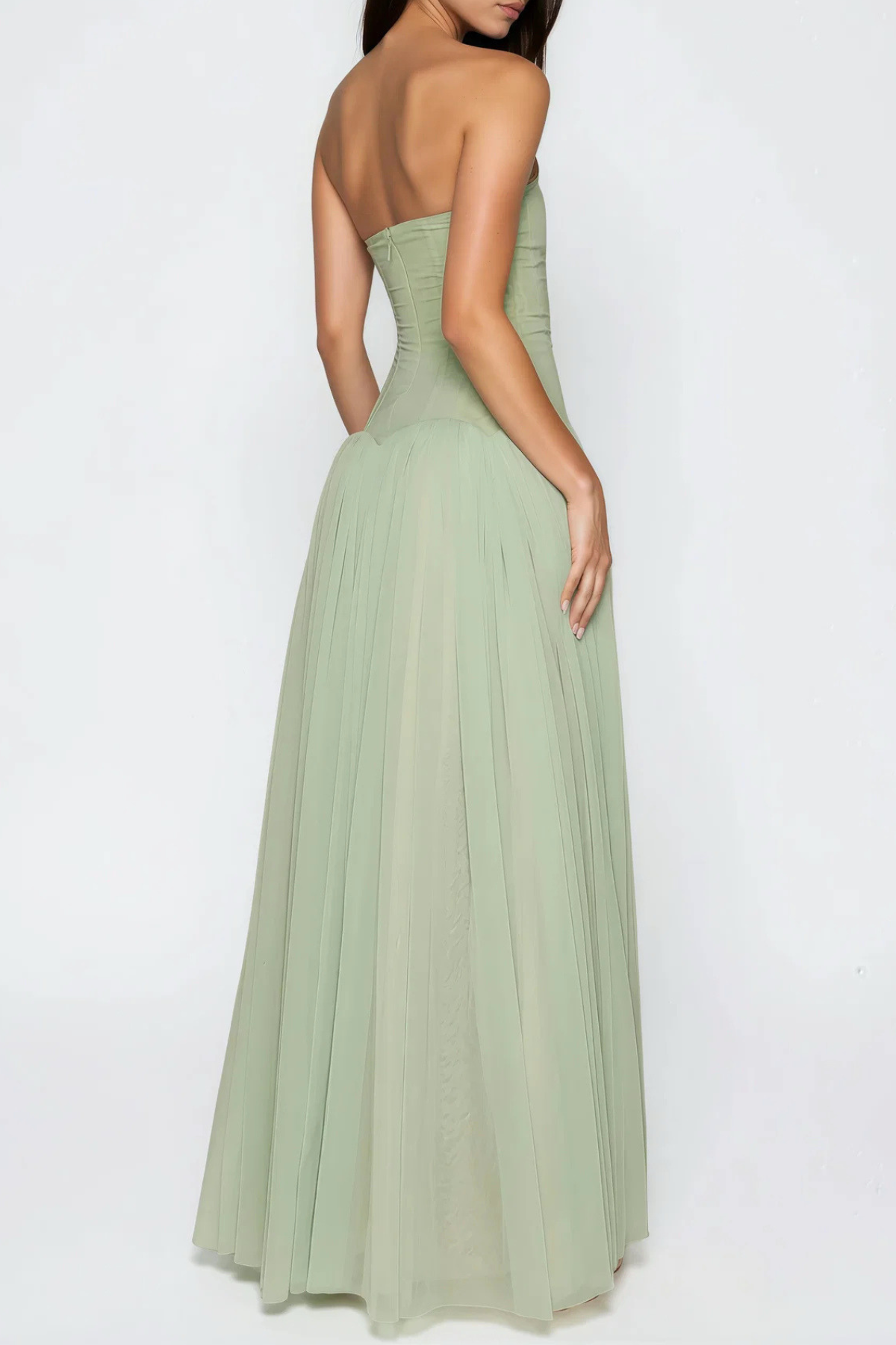Flynn Strapless Mesh Pleated Maxi Dress - Green