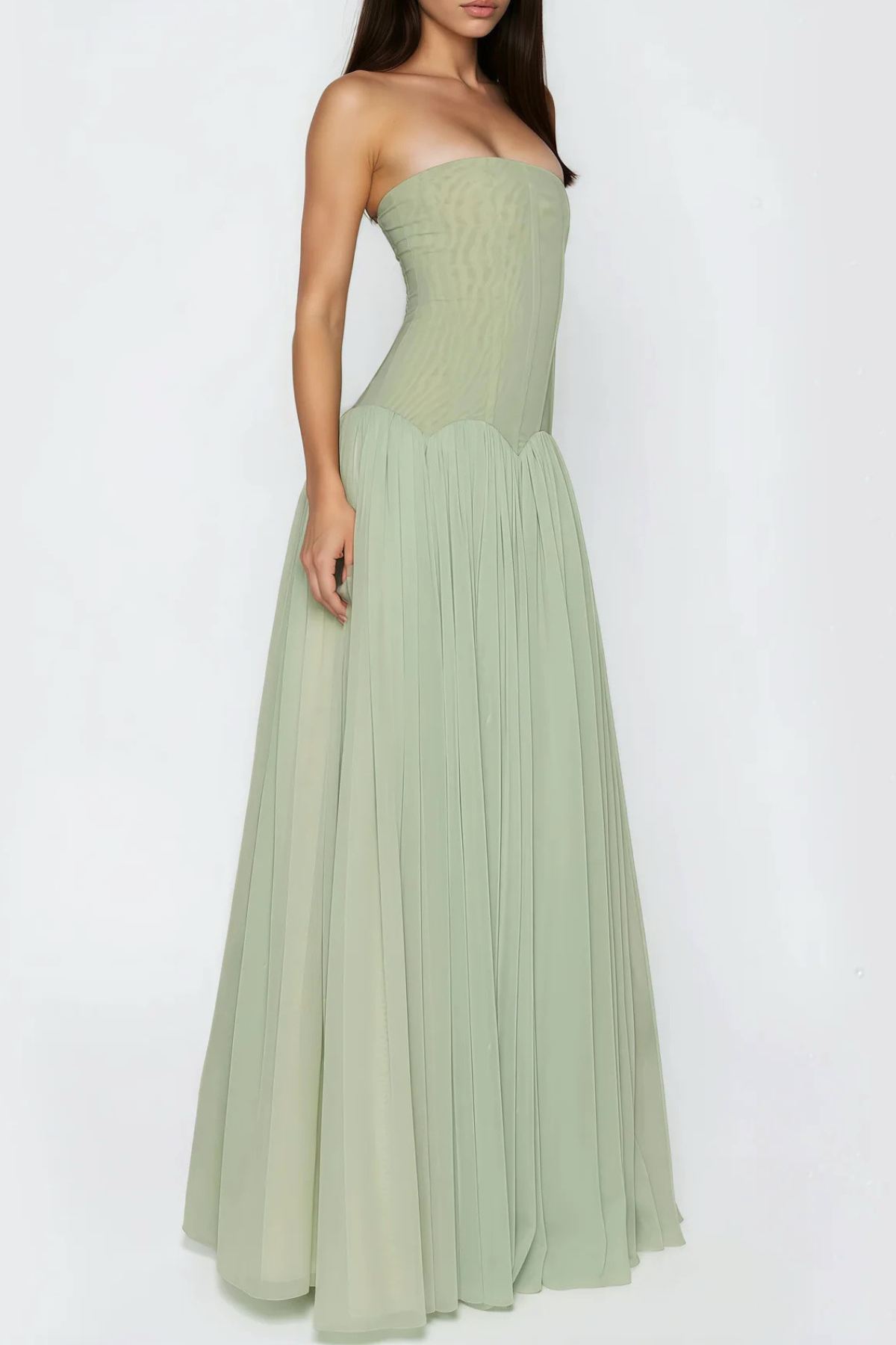 Flynn Strapless Mesh Pleated Maxi Dress - Green