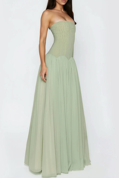 Flynn Strapless Mesh Pleated Maxi Dress - Green