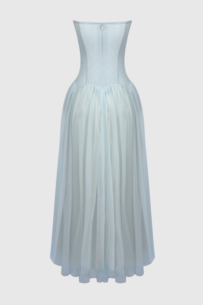 Flynn Strapless Mesh Pleated Maxi Dress - Blue