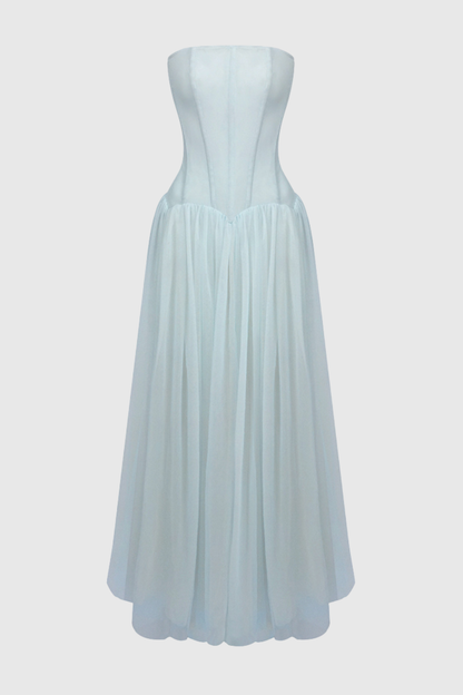 Flynn Strapless Mesh Pleated Maxi Dress - Blue