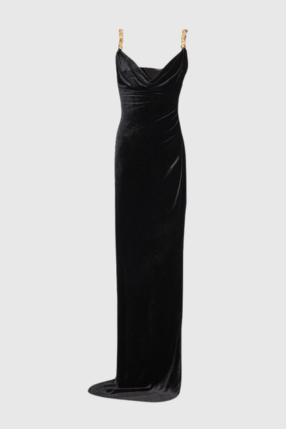 Fonso Gold  Buttoned Velvet Slit Maxi Dress