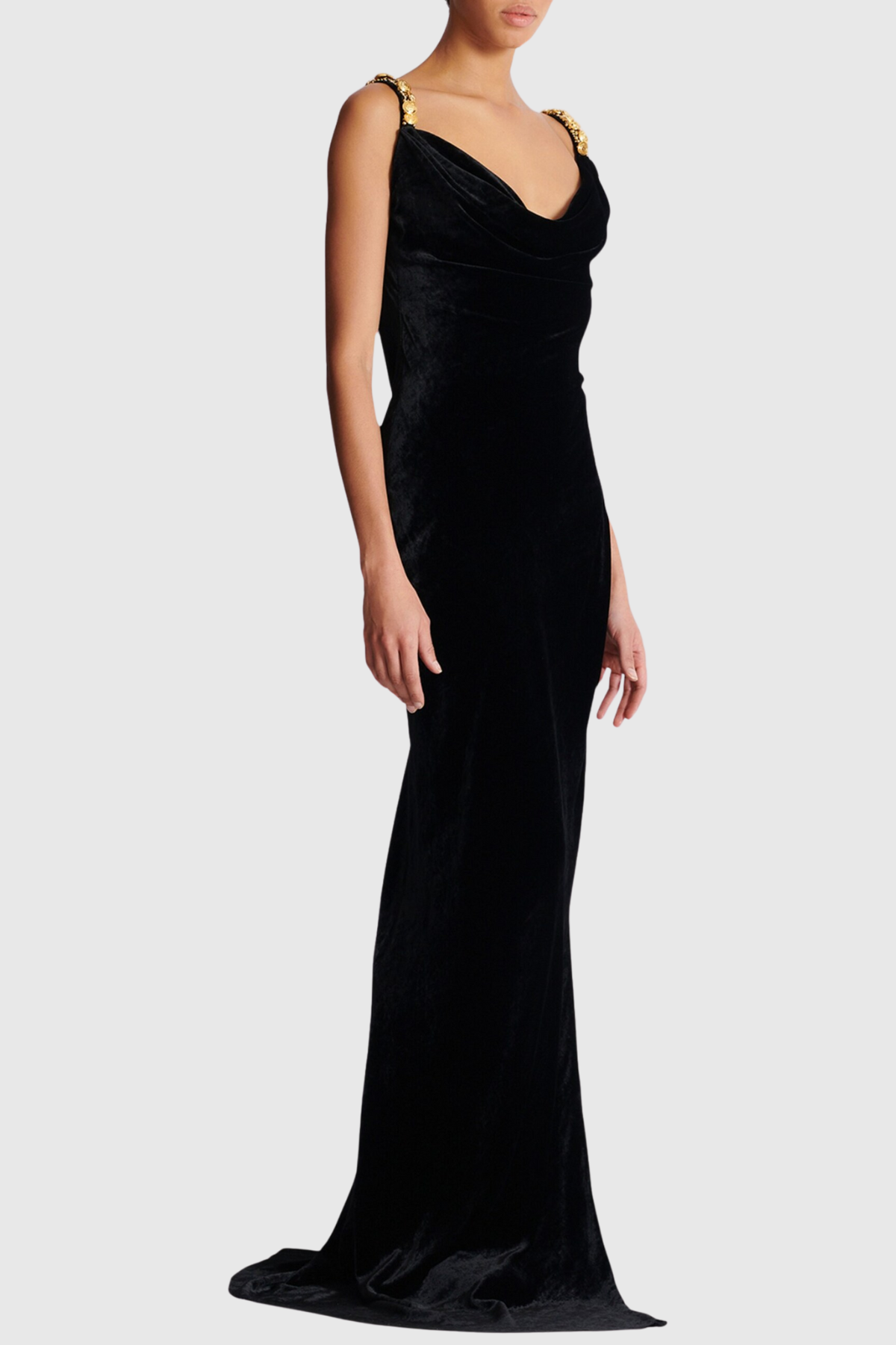 Fonso Gold  Buttoned Velvet Slit Maxi Dress