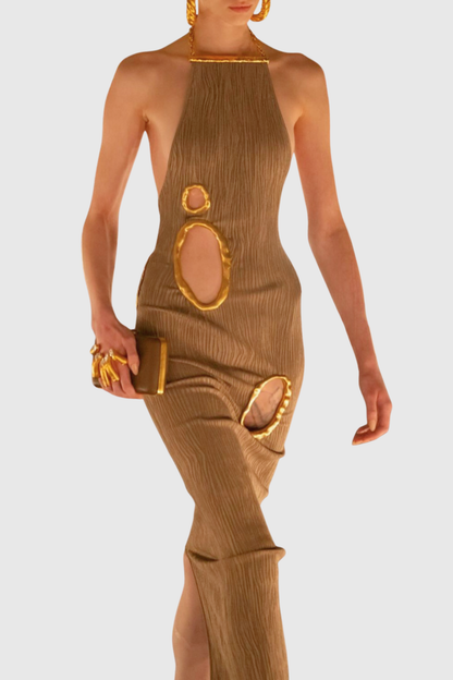 Forra Halter Metal Embellished Cutout Maxi Dress - Brown
