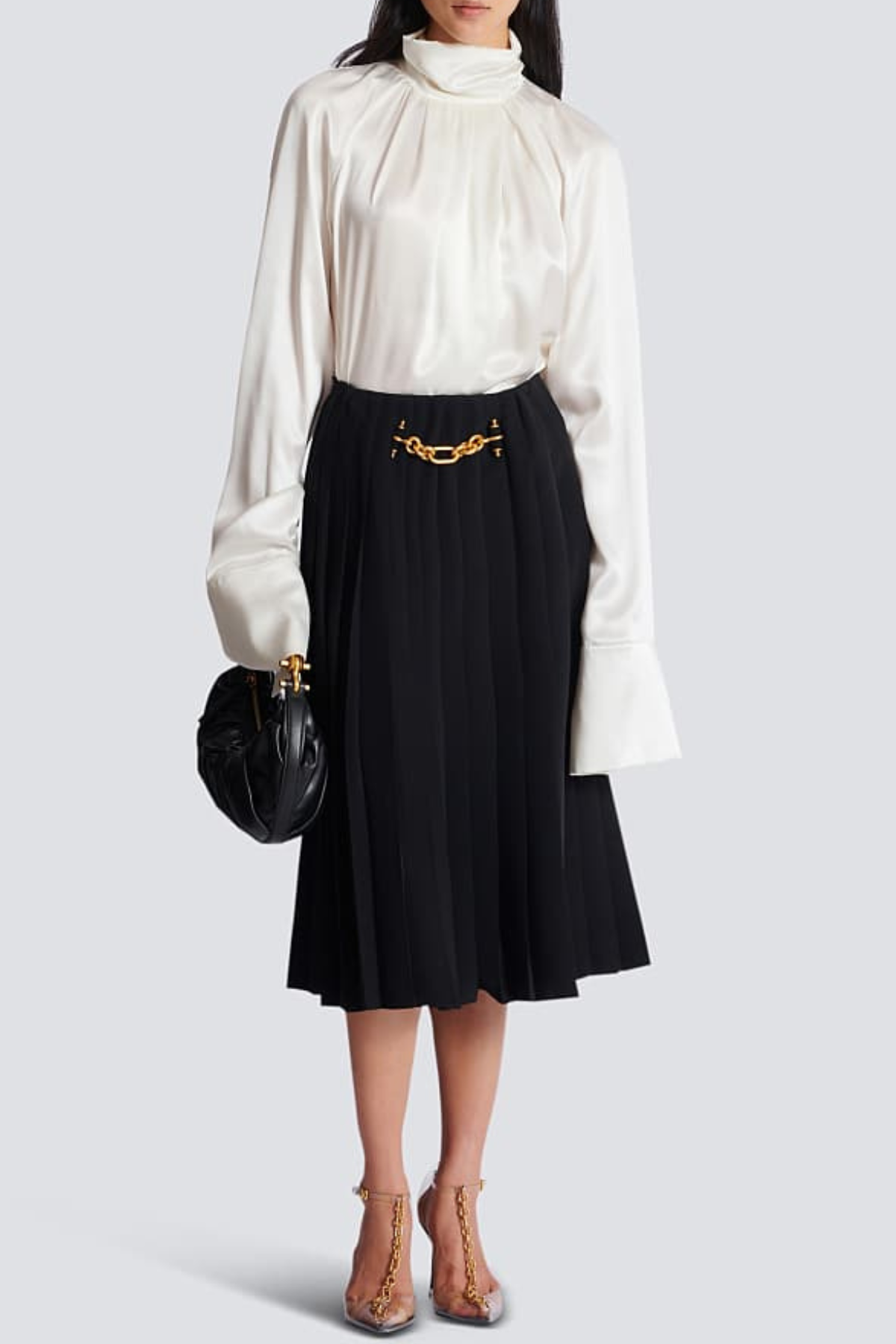 Foxea Chain Embellished Pleated Midi Skirt - Black