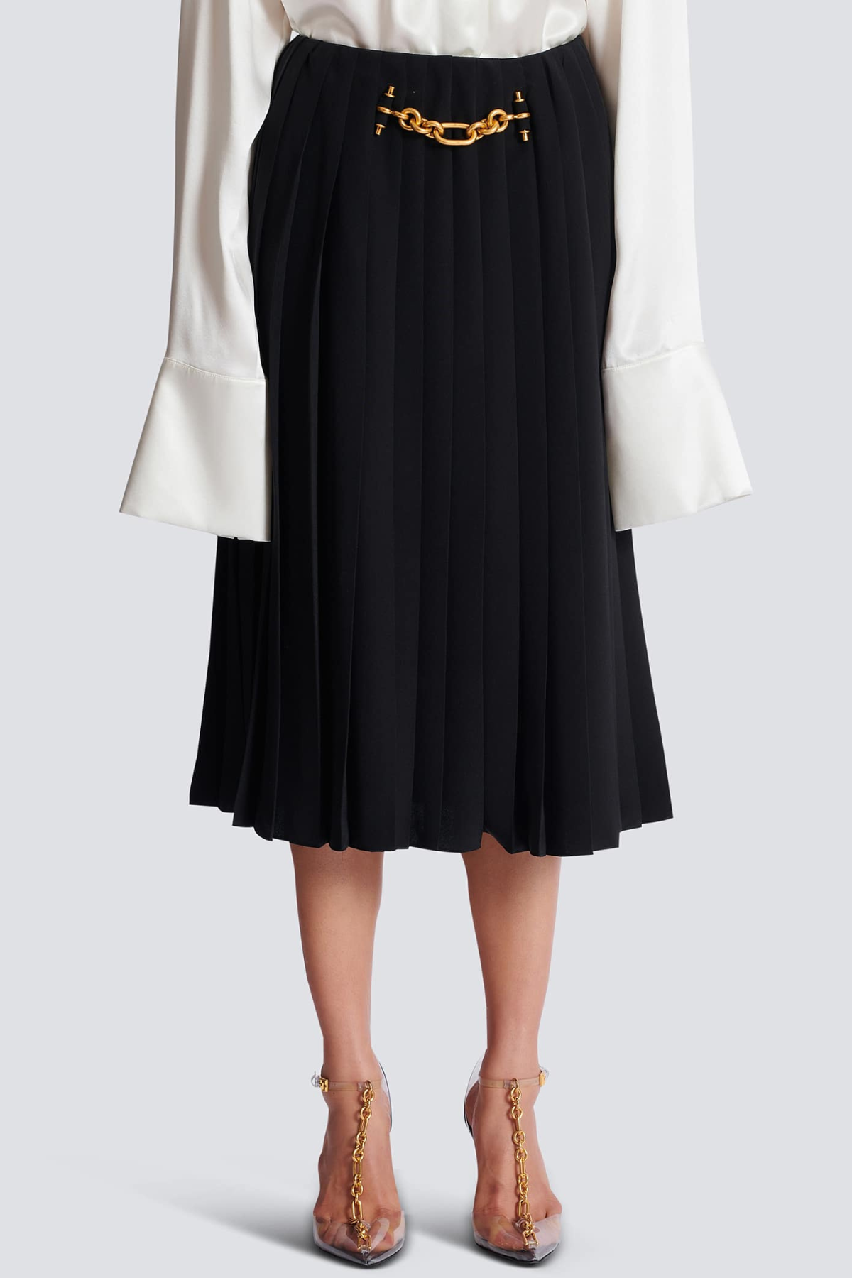 Foxea Chain Embellished Pleated Midi Skirt - Black