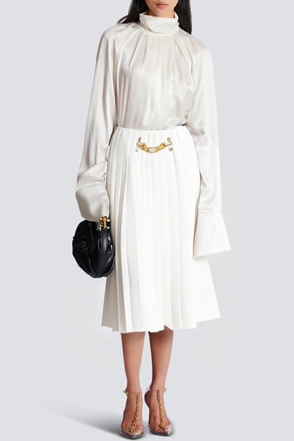 Foxea Chain Embellished Pleated Midi Skirt - White