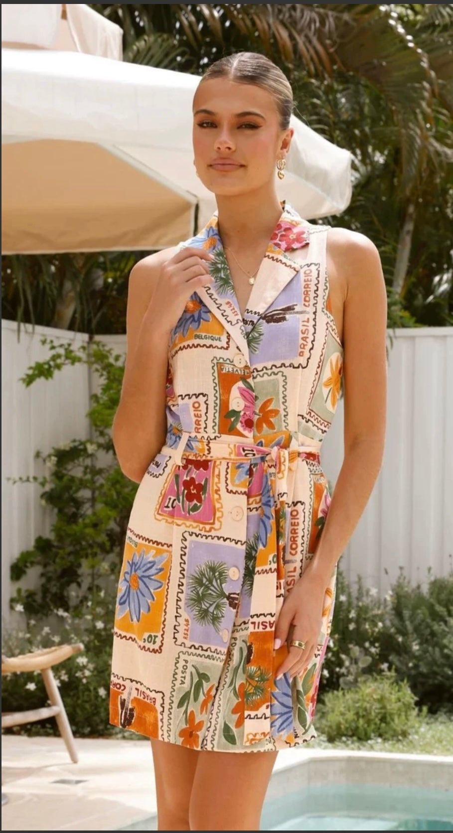 floral print Linen sleeveless tie mini dress