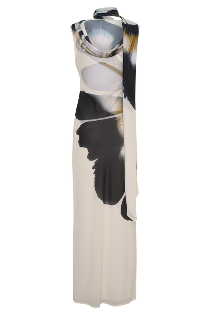 Dakota Chiffon Maxi Dress With Scarf - Ivory Oversized Floral Print