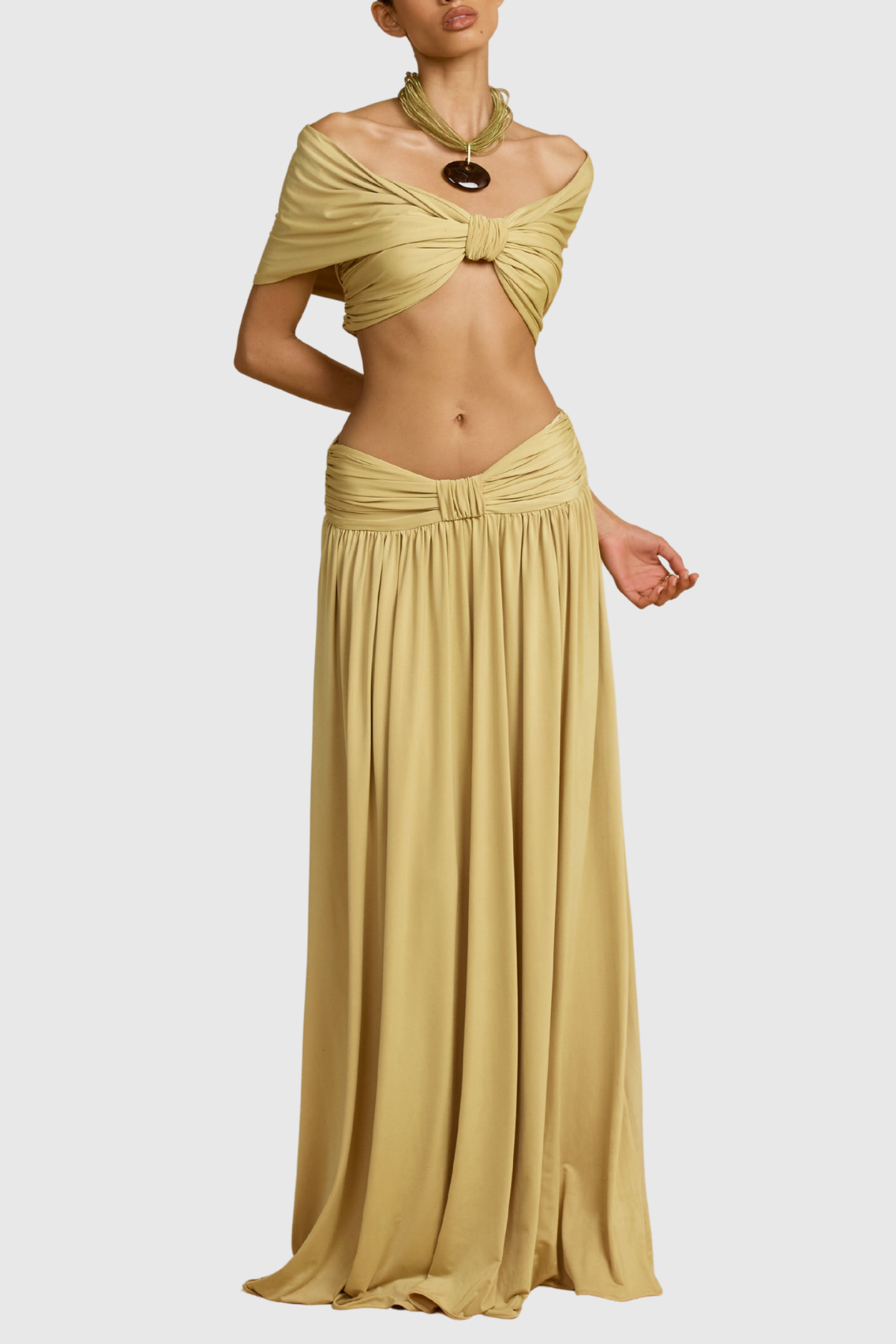 Gabriela Off Shoulder Ruched Top & Maxi Dress Set - Sand