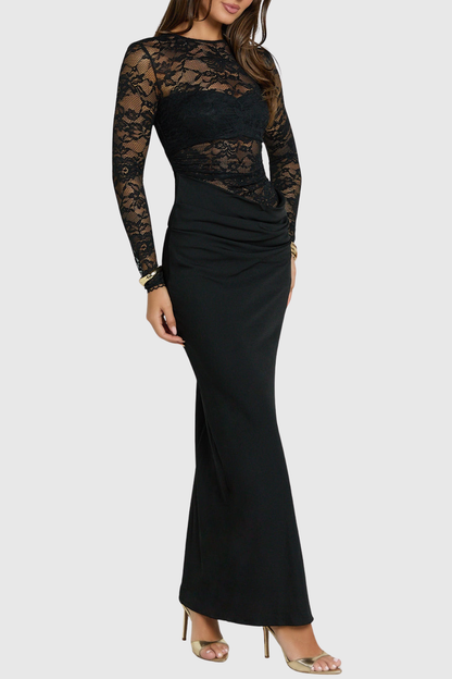 Gaela Lace Ruched Maxi Dress - Black