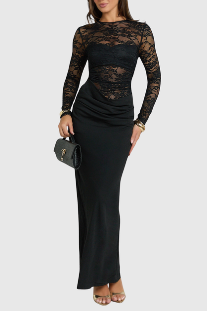 Gaela Lace Ruched Maxi Dress - Black