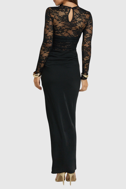 Gaela Lace Ruched Maxi Dress - Black