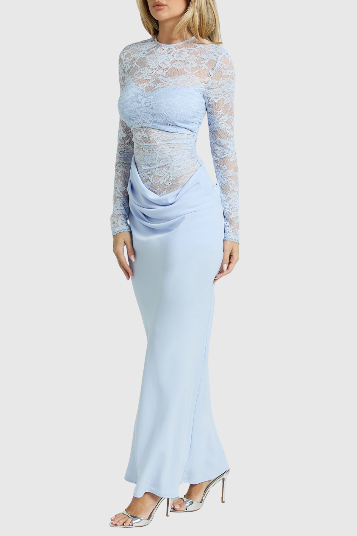 Gaela Lace Ruched Maxi Dress - Blue