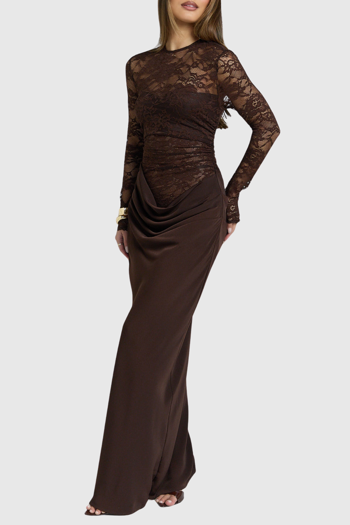 Gaela Lace Ruched Maxi Dress - Brown