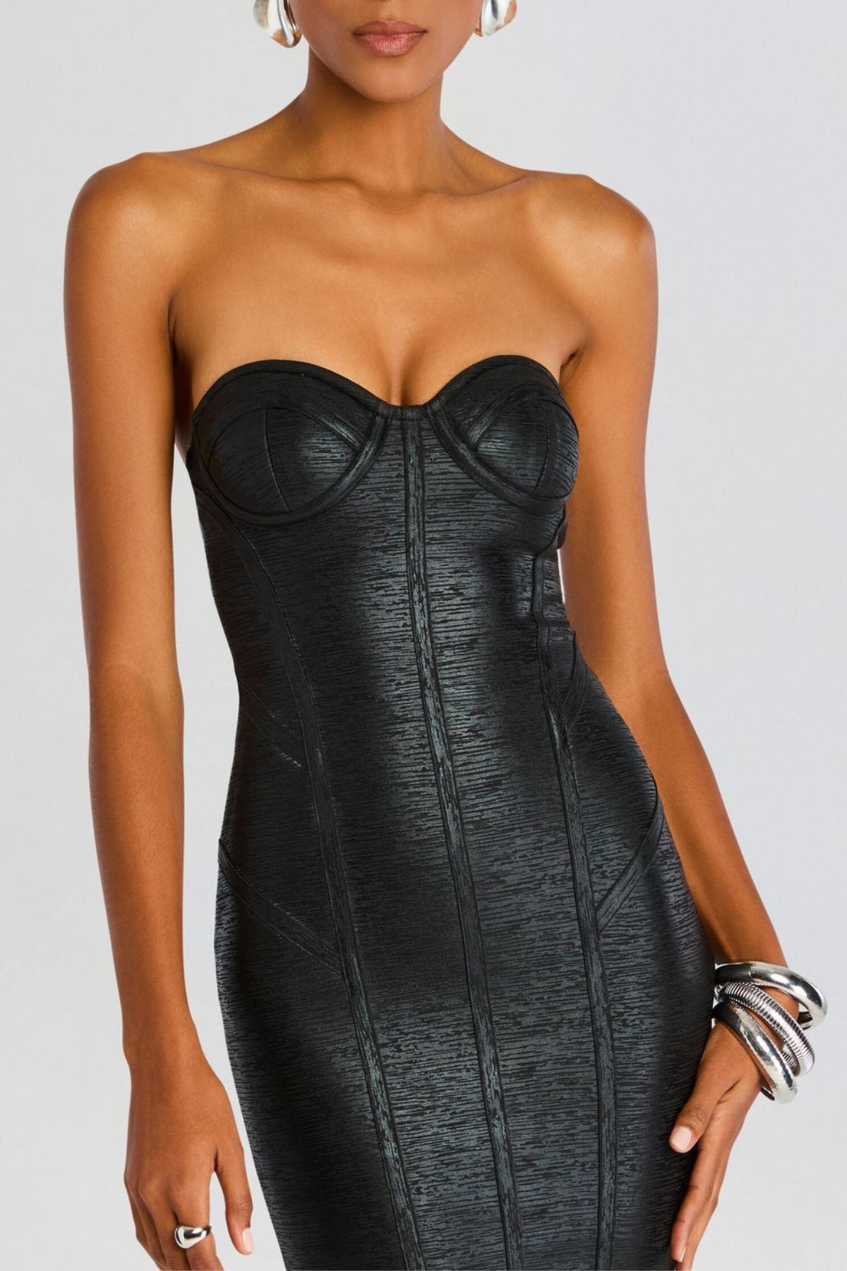 Galenia Strapless Metallic Midi Bandage Dress - Black