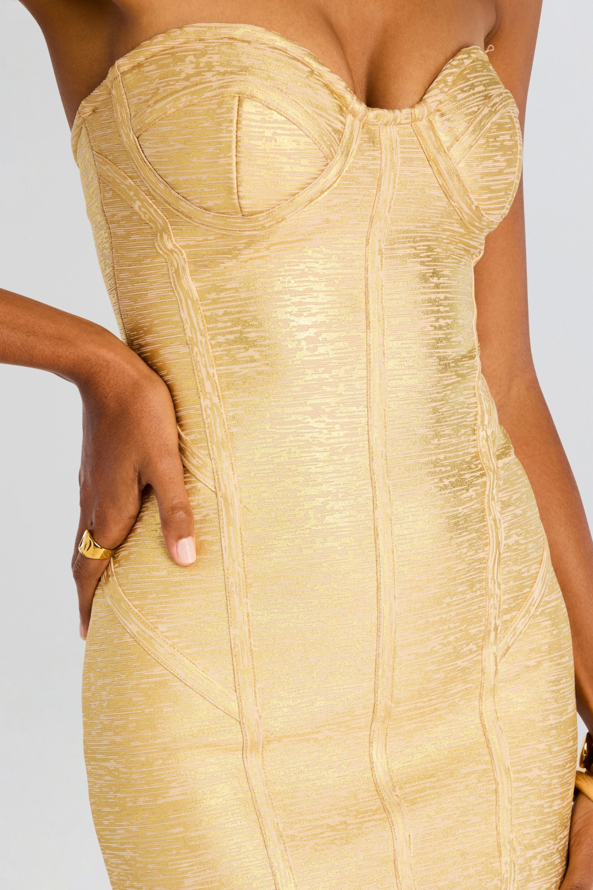 Galenia Strapless Metallic Midi Bandage Dress - Gold