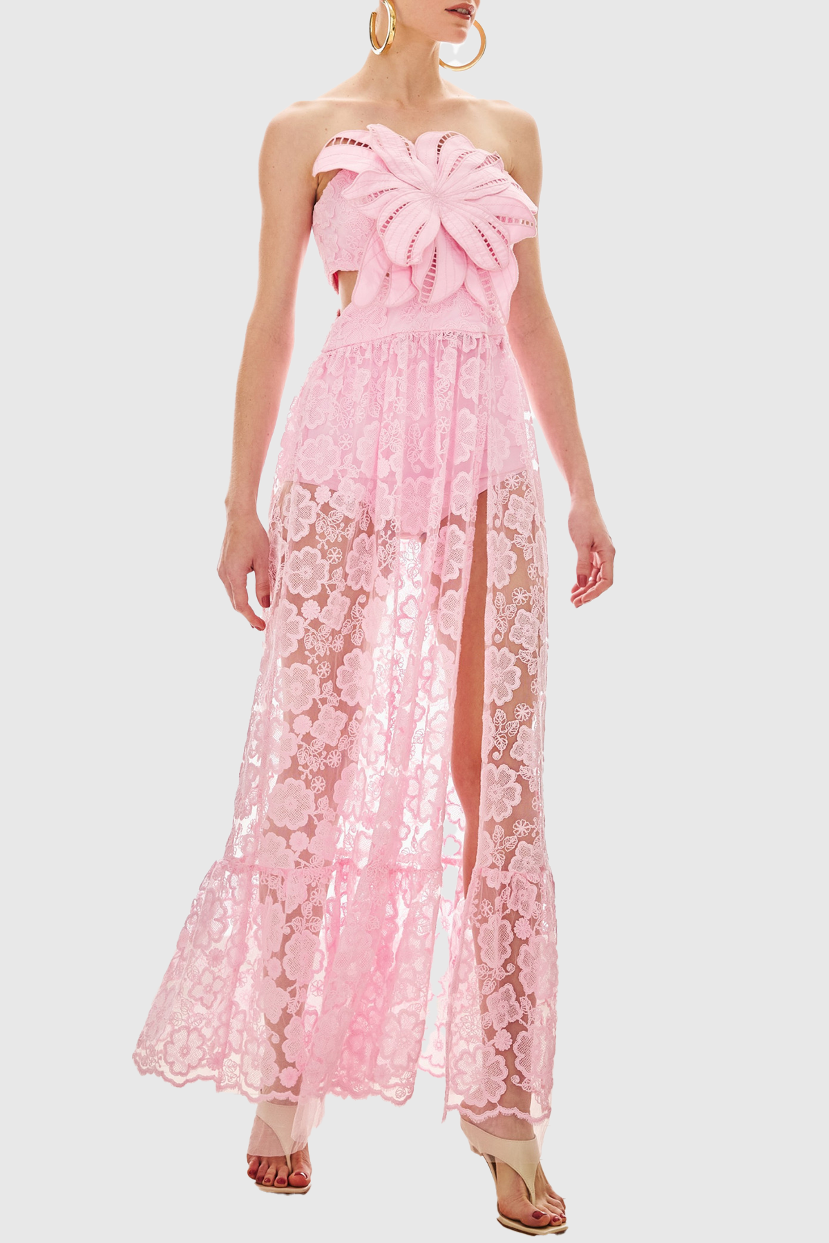 Garar Floral Lace Strapless Maxi Dress - Pink