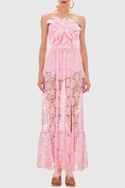 Garar Floral Lace Strapless Maxi Dress - Pink