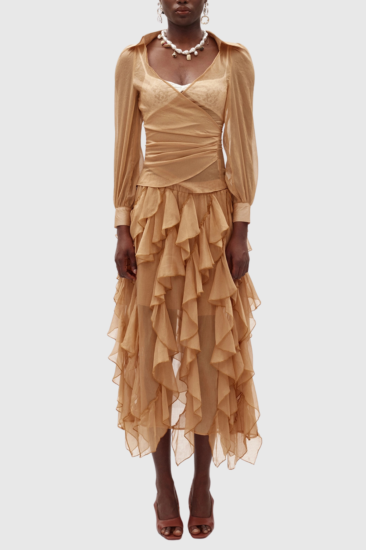 Garnet Chiffon Shirt & Ruffle Midi Skirt Set