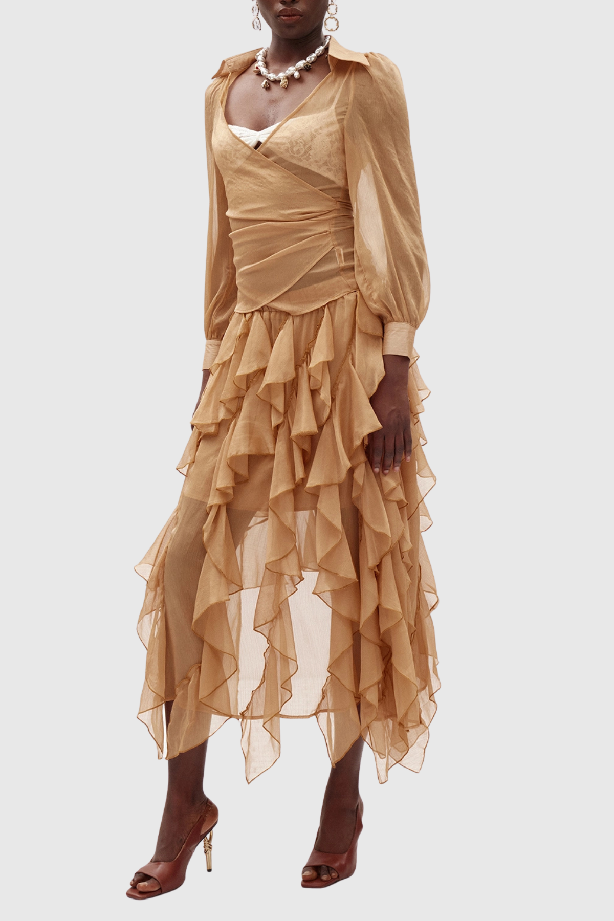 Garnet Chiffon Shirt & Ruffle Midi Skirt Set