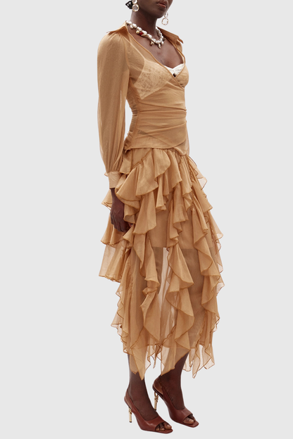 Garnet Chiffon Shirt & Ruffle Midi Skirt Set