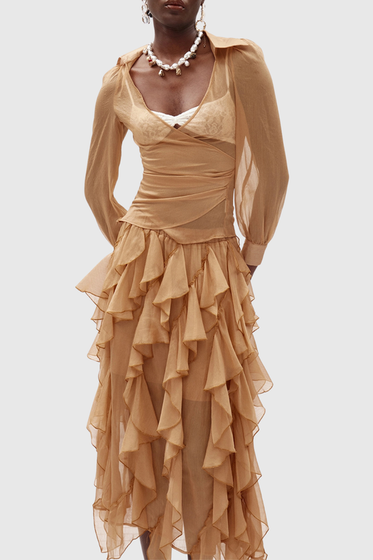 Garnet Chiffon Shirt & Ruffle Midi Skirt Set
